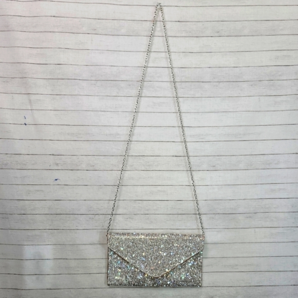 LULU TOWNSEND ROSE GOLD SPARKLE  ENVELOPE CLUTCH W CHAIN STRAP
